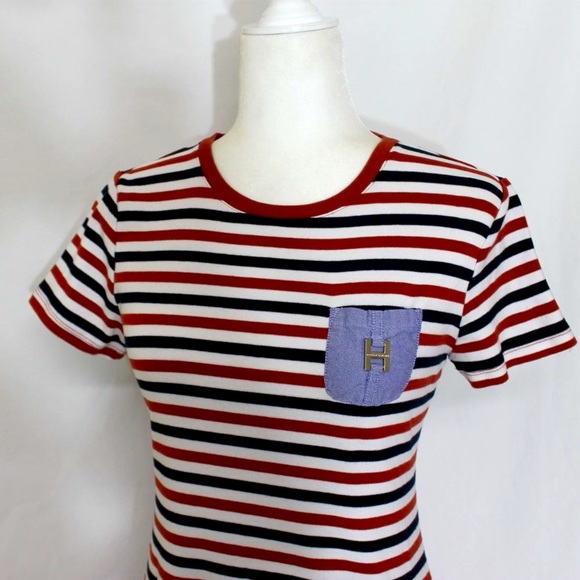 TOMMY HILFIGER Red, Black & White Bodycon Dress Size Small T-Shirt Style Striped - Picture 3 of 10